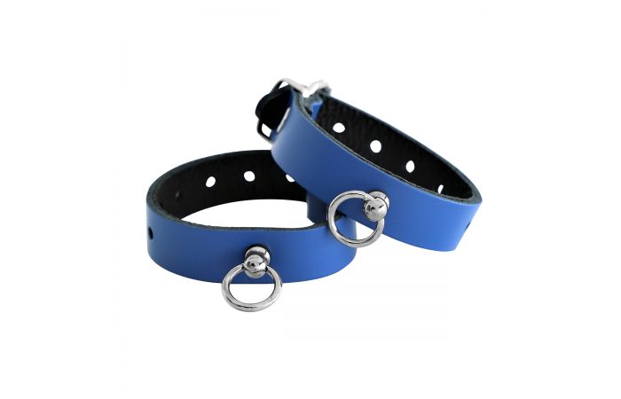 Leather Handcuffs Mini O-Ring Blue