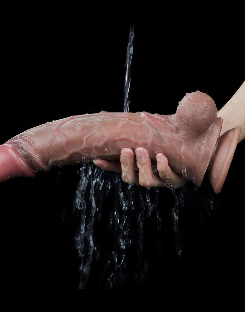 LoveToy Dubbellaagse siliconen dildo 29,5 x 5,5cm Bruin - Afbeelding 16