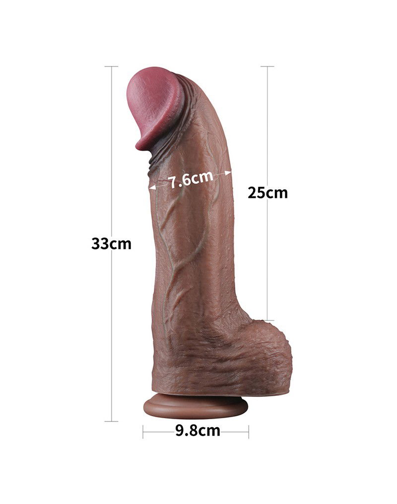 Dubbellaagse siliconen dildo XXL 33 cm Bruin - Afbeelding 12
