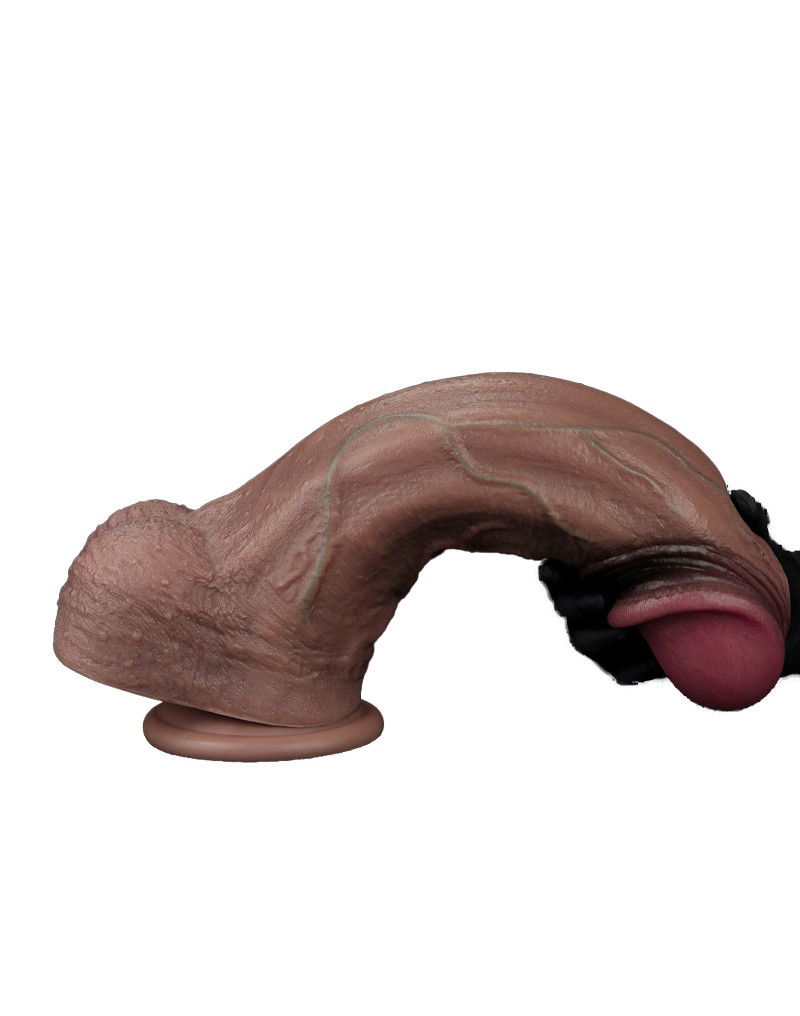 Dubbellaagse siliconen dildo XXL 33 cm Bruin - Afbeelding 5
