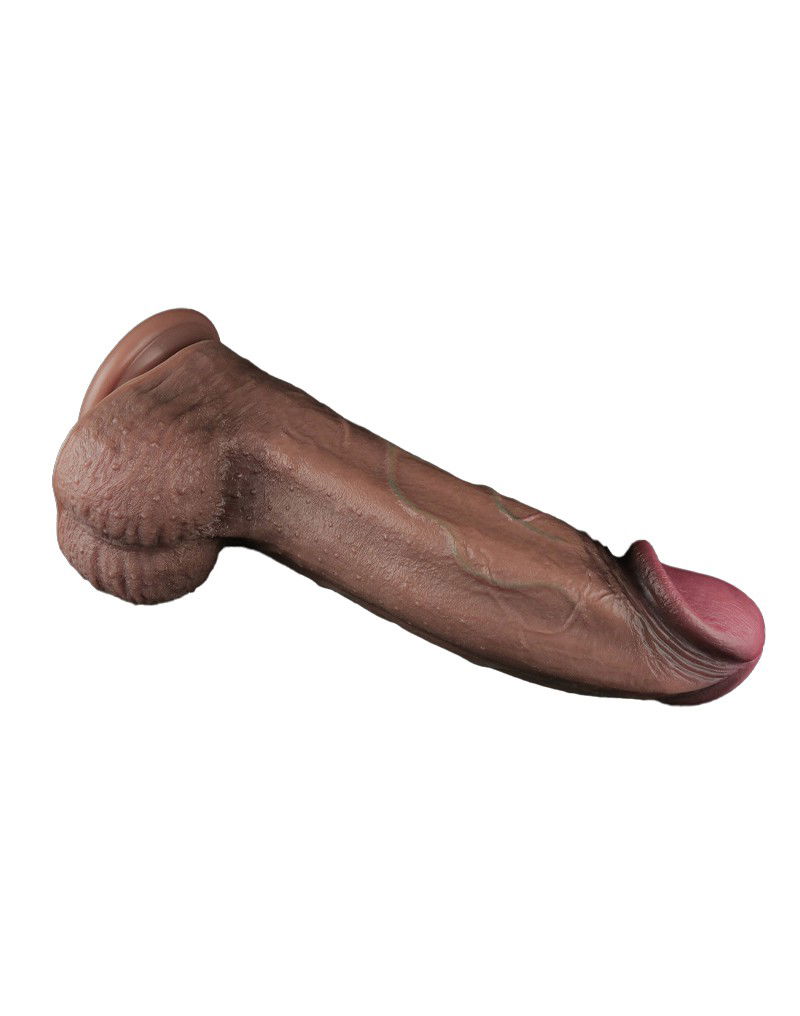 Dubbellaagse siliconen dildo XXL 33 cm Bruin - Afbeelding 6