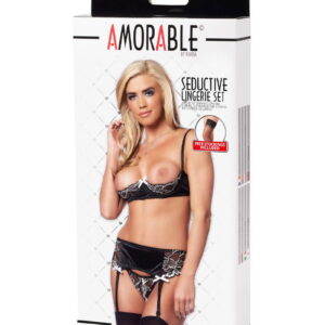 Amorable by Rimba – Open BH met String, Jarretelgordel en Kousen – Zwart / Wit