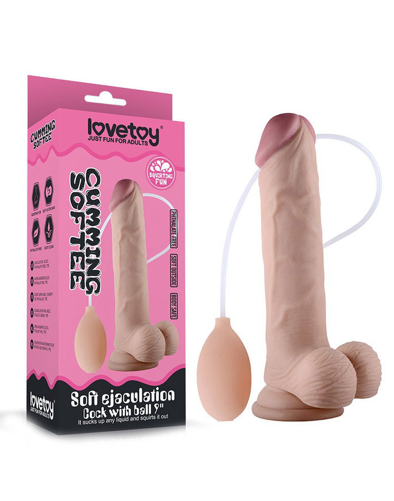 LoveToy - Soft Ejaculation Cock met testikels 23 cm - Squirting Dildo - Nude