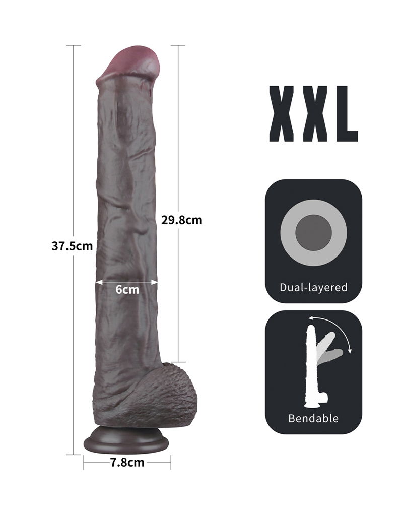 LoveToy - Nature Cock - 14,5" Dual Layered Bendable Cock XXL - Zwart - Afbeelding 2