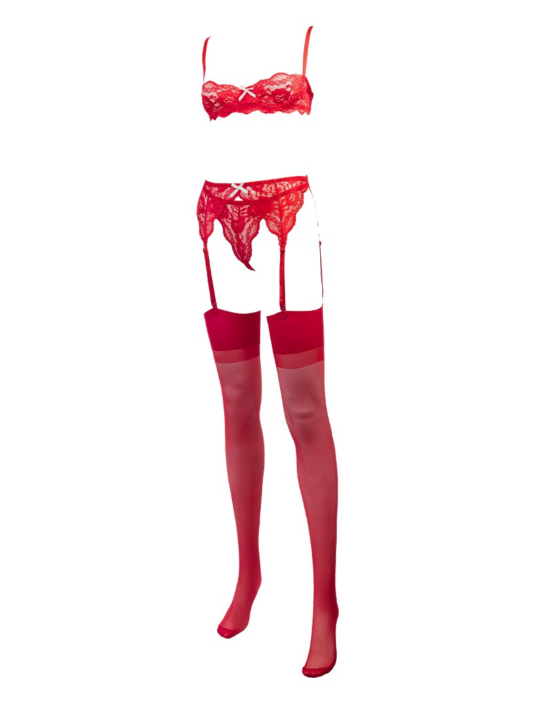 Amorable by Rimba - 1/2 Cup BH met G-string, Jarretels en Kousen - Rood - Afbeelding 4