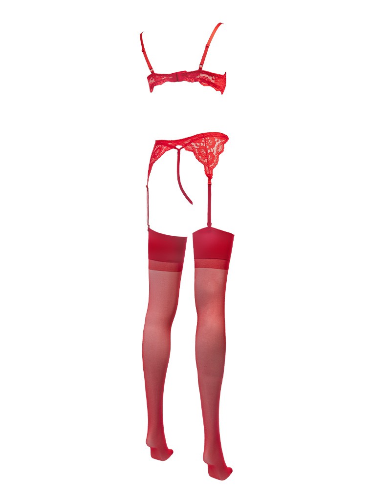 Amorable by Rimba - 1/2 Cup BH met G-string, Jarretels en Kousen - Rood - Afbeelding 5