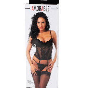 Amorable by Rimba – Camisole met G-string en Kousen – Zwart