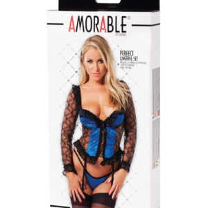 Amorable by Rimba – Korset met Beugels, G-string en Kousen – Zwart / Blauw