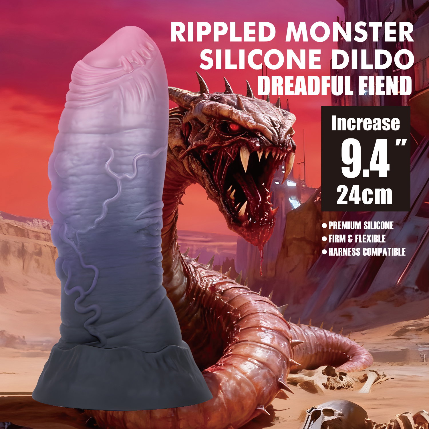 Power Monsters - Dreadful Fiend - Rippled Monster Dildo - 24 cm - Mix Color - Afbeelding 3